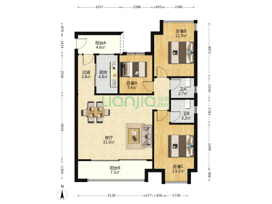 珠江城天悦江湾一期 3室1厅2卫 115平方