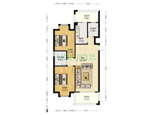 山水豪苑 2室1厅2卫 100平方