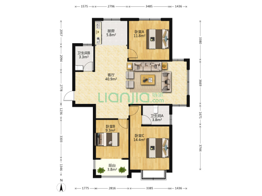 陶然新城 3室1厅2卫 134平方