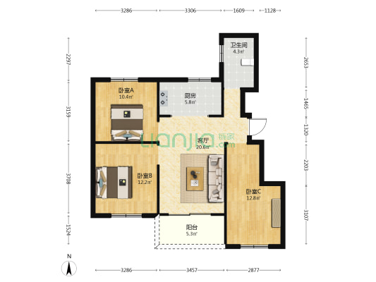 康居苑B区 3室1厅1卫 91平方