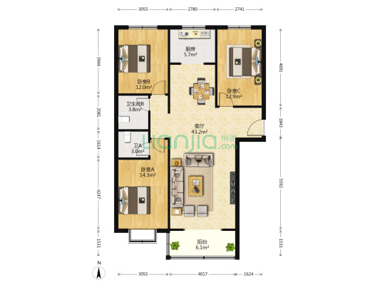 金域华府 3室1厅2卫 138平方