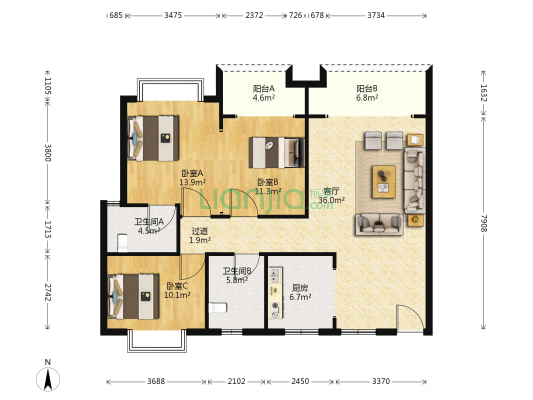 东方巴黎 3室1厅2卫 131平方
