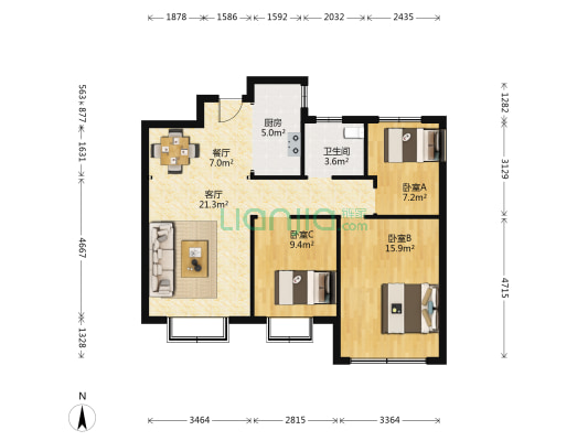 和园三期 3室2厅1卫 98平方