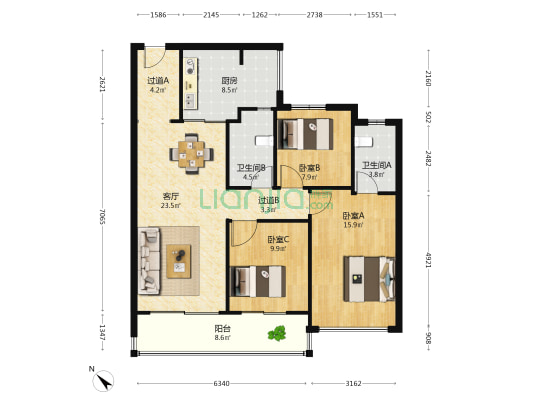 中海长江十里 3室1厅2卫 117平方