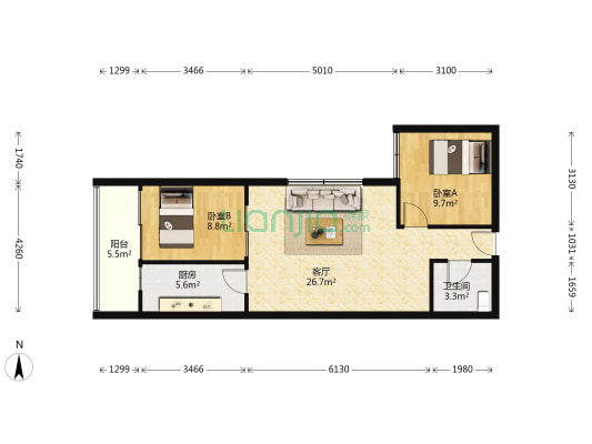 开源鑫景 2室1厅1卫 76平方