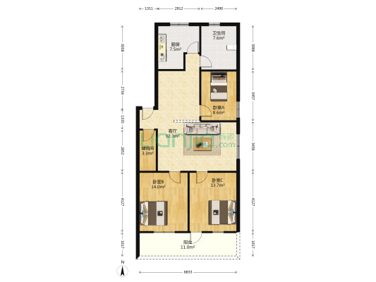 十亩地小区 3室1厅1卫 117平方