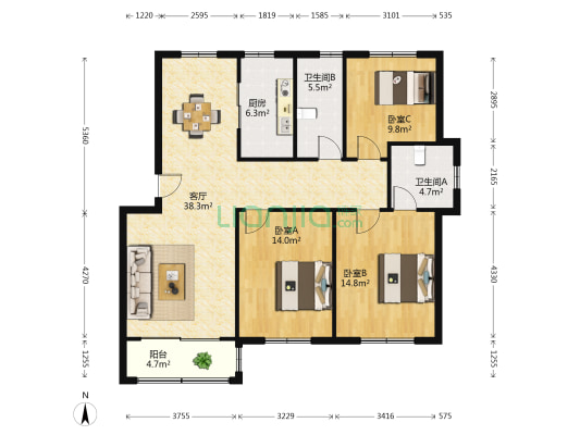 阳明花苑 3室1厅2卫 118平方