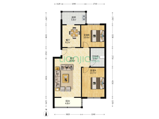 天元家园 2室2厅1卫 93平方