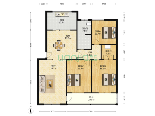 威美公寓 3室2厅1卫 147平方