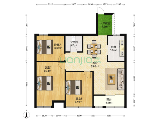 联合国贸中心 3室1厅1卫 108平方