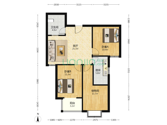 房子属于南向小三居，中间楼层，毛坯房-户型图