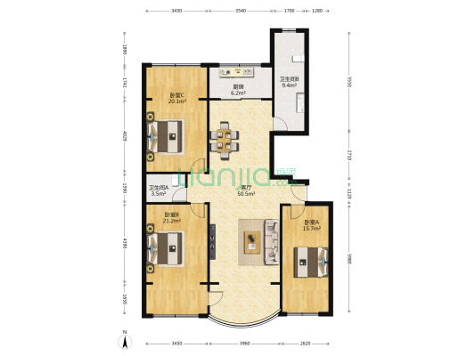 光明花园 3室1厅2卫 164平方