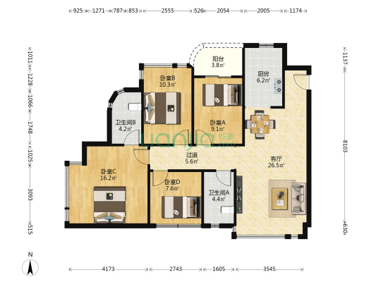 盛天青山郡 4室1厅2卫 113平方
