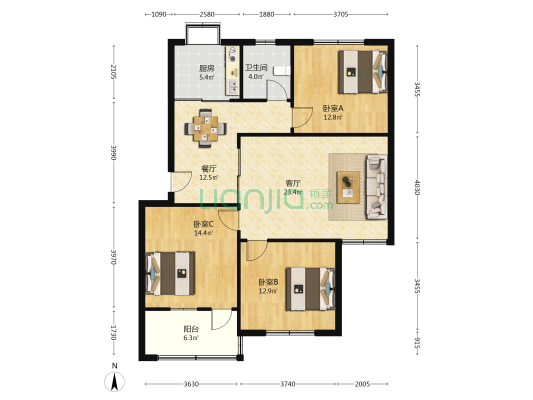 城中小区 3室2厅1卫 109平方