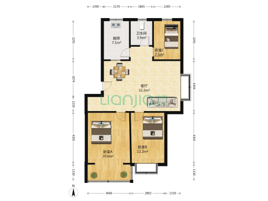 东虹花苑西苑 3室1厅1卫 94平方
