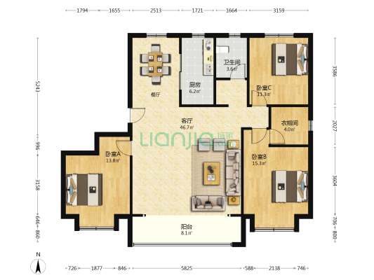 鲁骐金岸世家 3室1厅1卫 142平方