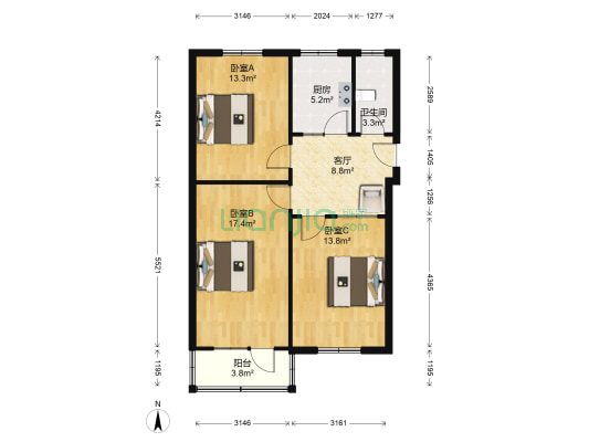 丁字街居民楼 3室1厅1卫 81平方