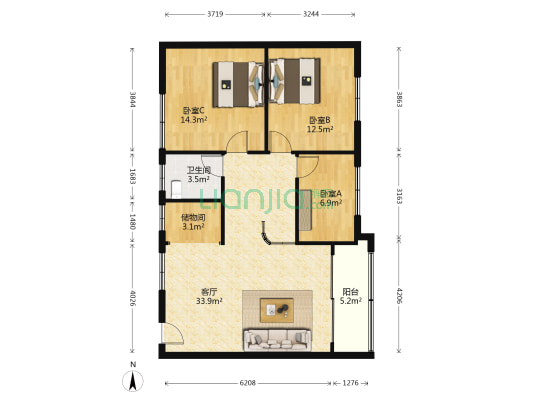 景信阁 3室1厅1卫 90平方