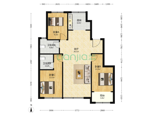 绿城桃李春风 3室1厅2卫 117平方