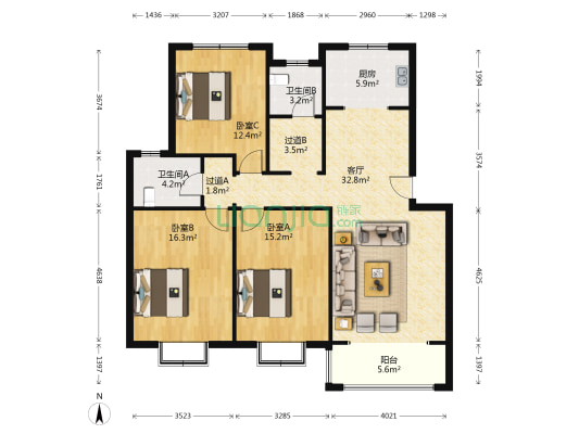 方泉苑五期I块 3室1厅2卫 129平方