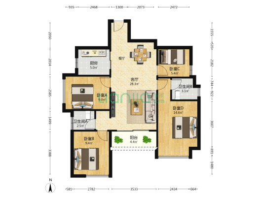 万科金域缇香 4室1厅2卫 90平方