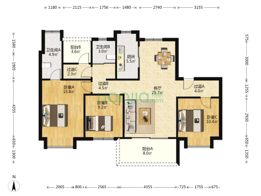 天荟苑 3室1厅2卫 128平方