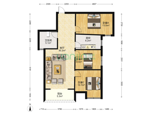 书香水岸 3室1厅1卫 113平方