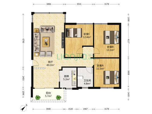 围仔山花园 3室1厅1卫 106平方