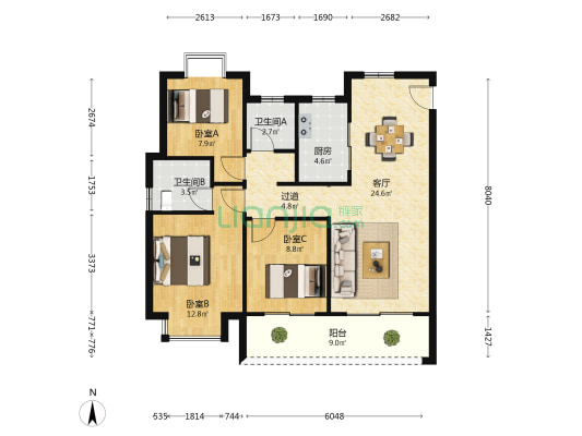 彰泰中梁力高君誉印象 3室1厅2卫 107平方