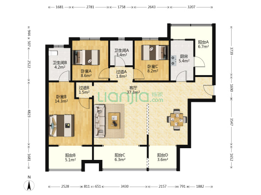 金科东方大院四期 3室1厅2卫 120平方