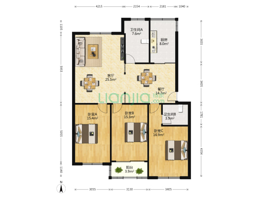 濠西园华迪小区 3室2厅2卫 134平方