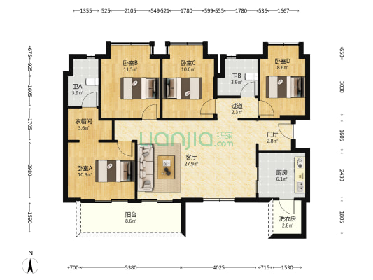 恒大云锦华庭 4室1厅2卫 128平方
