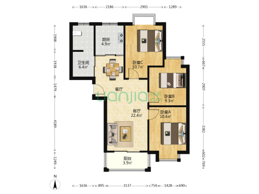 桃花社区 3室1厅1卫 92平方