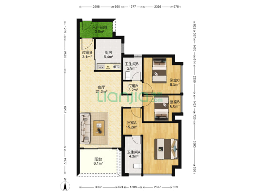 时代天韵 3室1厅2卫 100平方
