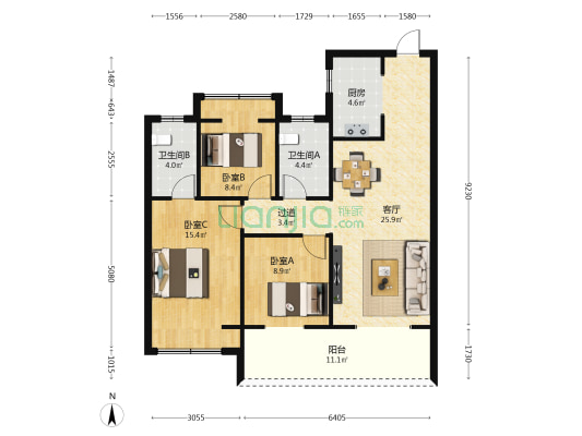 恒浩天境 3室1厅2卫 110平方