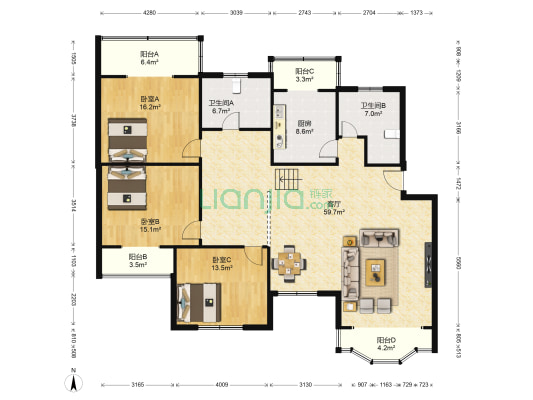长富花园 3室1厅2卫 161平方