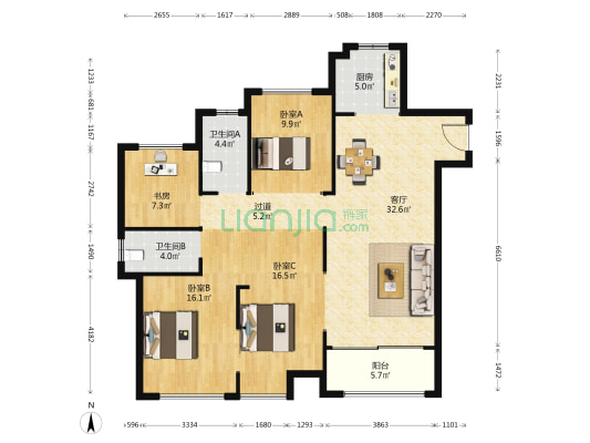 红星天铂 4室1厅2卫 128平方