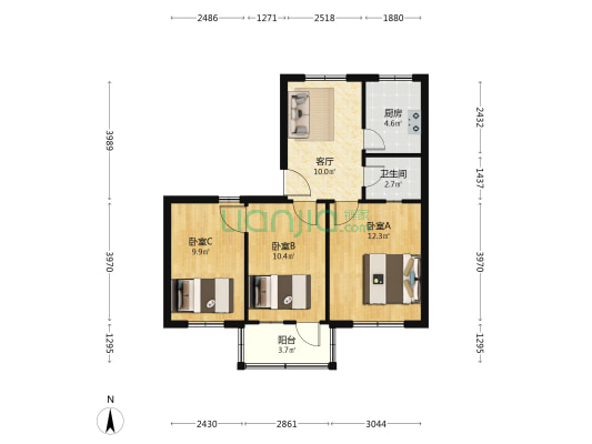 红洋楼西街13号 3室1厅1卫 60平方