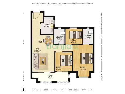 中骏雍景湾 3室1厅2卫 102平方