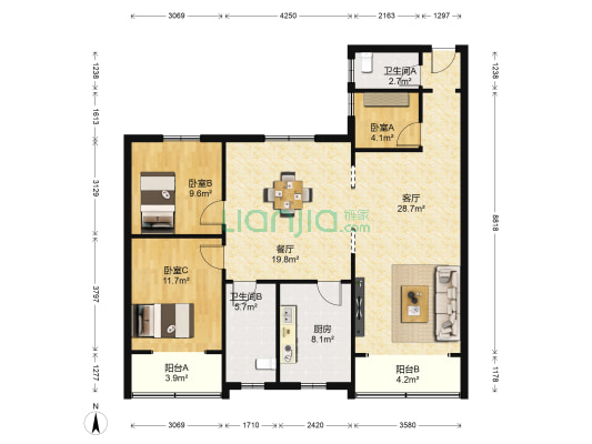 渝中花园 3室2厅2卫 114平方