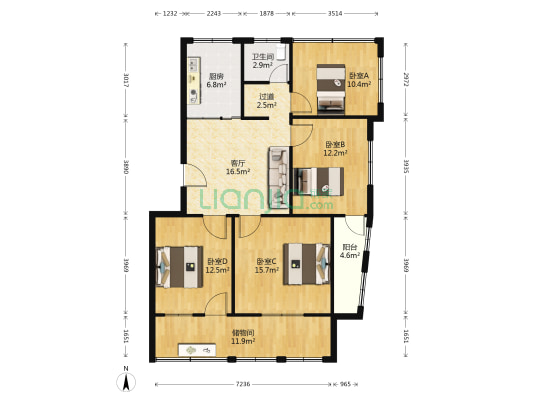 农行宿舍楼 4室1厅1卫 116平方