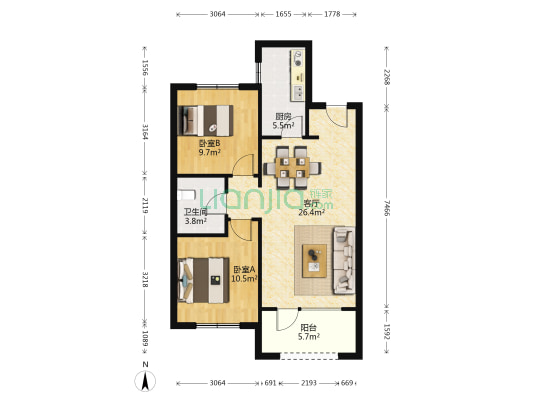 中金时代启城 2室1厅1卫 87平方