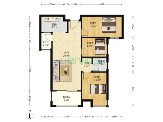 长房明宸府 3室1厅1卫 100平方