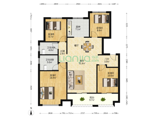 东部美的城二期 4室1厅2卫 127平方