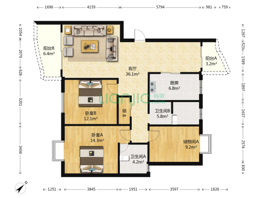 智慧龙城商业广场 2室1厅2卫 120平方