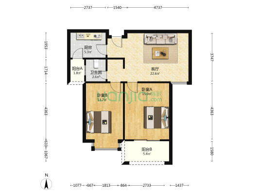 金秋苑B区 2室1厅1卫 90平方