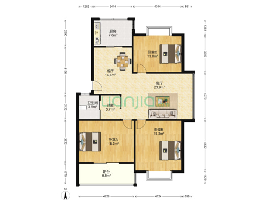 美丽新城北区 3室2厅1卫 127平方