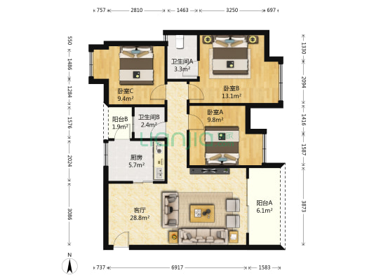 星海家园 3室1厅2卫 102平方