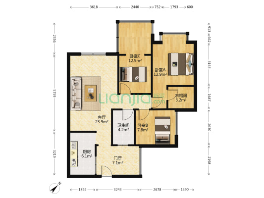 世家东部时空 3室1厅1卫 92平方