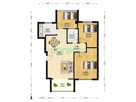 畔山御景 3室1厅1卫 91平方